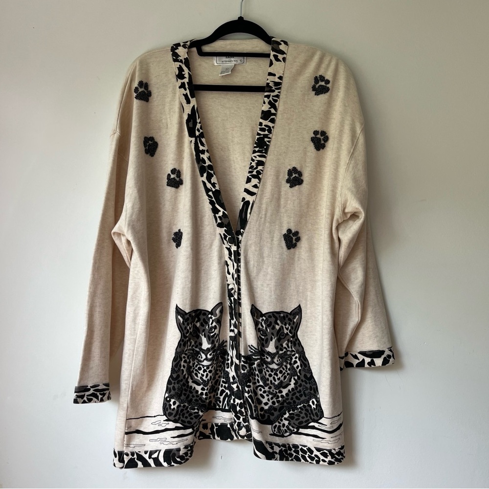 Lisa International Cream and Black Cat-Themed Cardigan Sweater